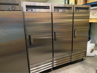 3 New Commercial Bison Refrigerators, single door right hinge on casters,3 shelves, 115V, $2600 Each