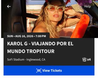 2 KAROL G SOFI STADIUM 08/16 INGLEWOOD LOS ANGELES TICKETS SEC 323 ROW 5