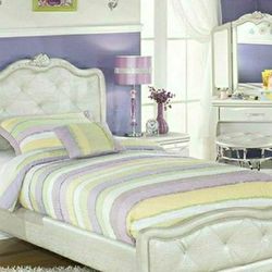 Zarollina Twin Silver Bed, Mattress, Box Spring, Vanity, Stool, and Night Stand