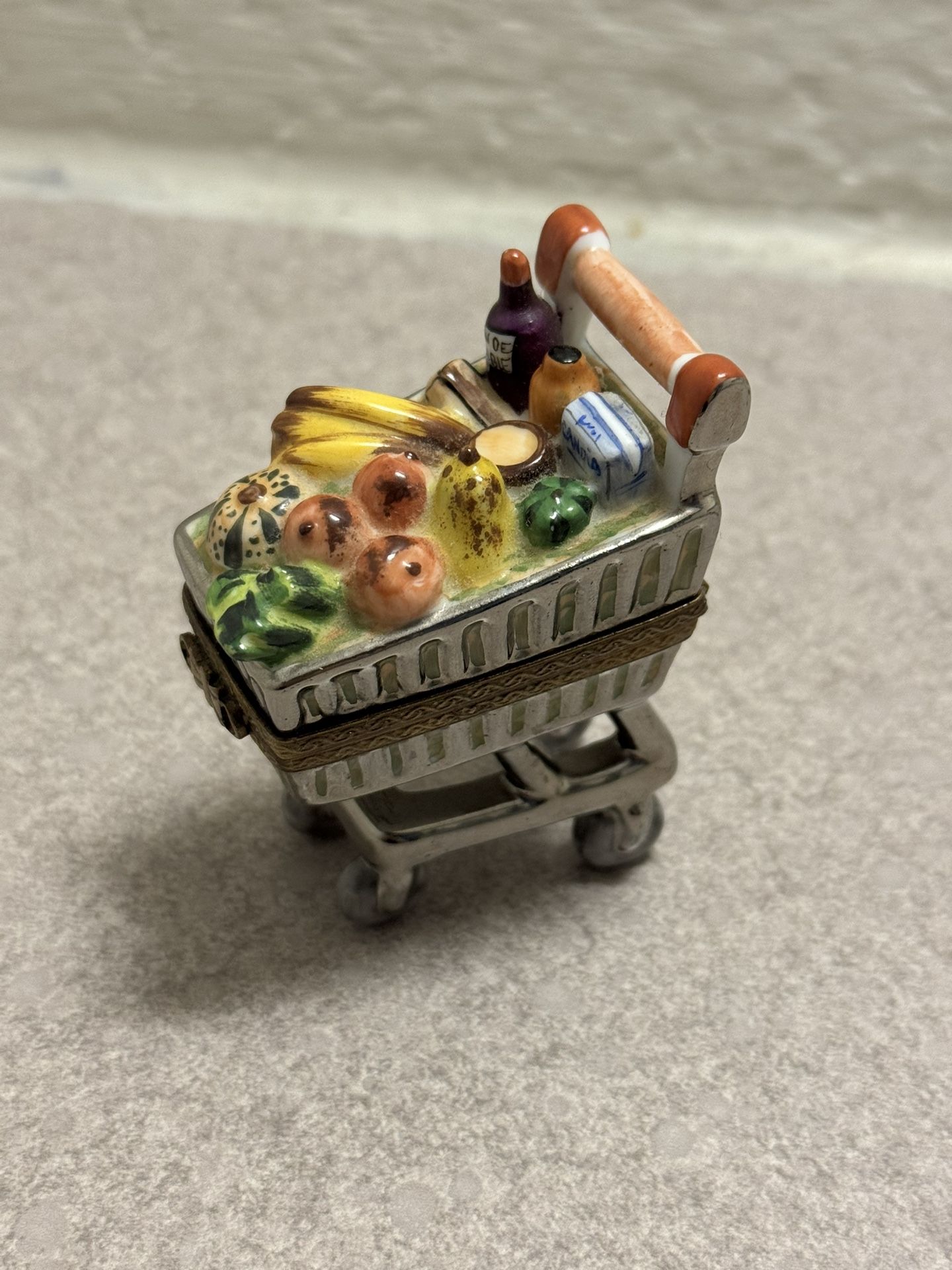 Miniature Porcelain Shopping Cart Trinket Box – Hand-Painted Collectible