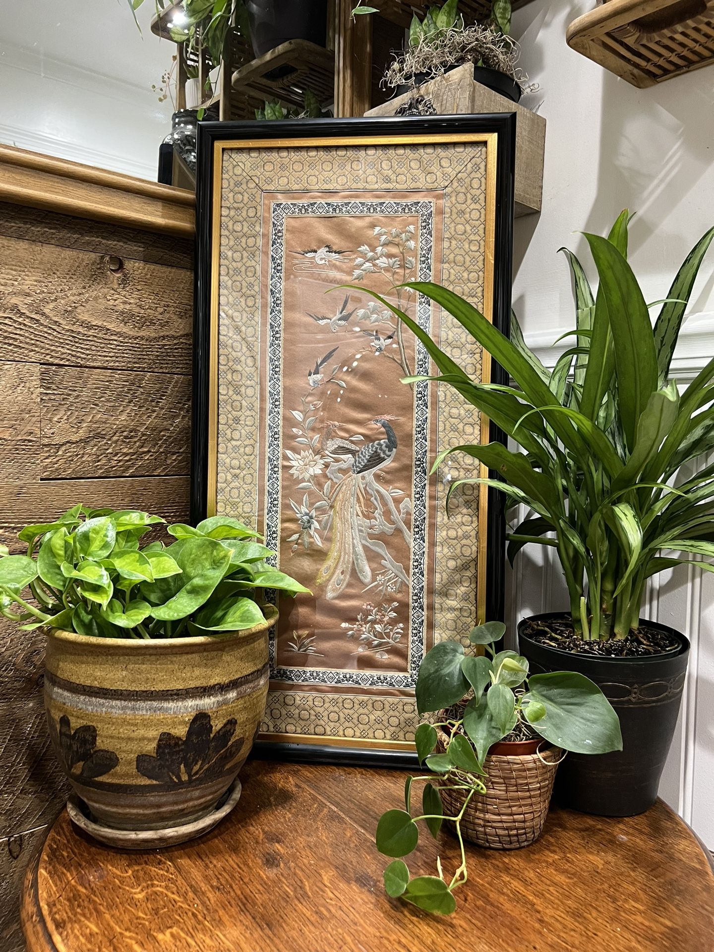 Vintage Peacock Floral Framed Silk Quilted Asian Embroidered Fabric Lacquer Style Frame Gold