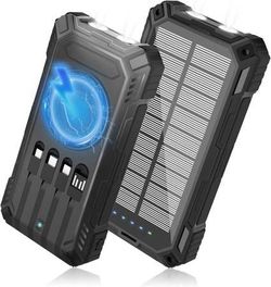new Solar Charger Power Bank - 49800mAh Solar Phone Charger with USB-C in/Output, QC 3.0 Fast Charging with LED Flashlight, Built-in 4 Cables, IP65 Wa