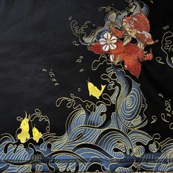 Black Embroidered T-Shirt – Koi Fish & Wave Design | Culture-Inspired
