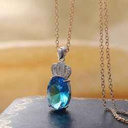 "Oval Gemstone Crown Silver Plated Pendant Necklace for Women, VP1115