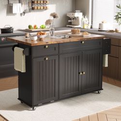 60.2"W Kitchen Island with Two Large Storage Cabinets And Drawers, Locking Wheels