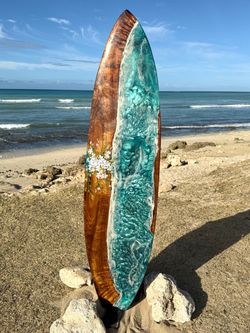 Surfboard Art, 73 inches, Hawaiian Koa epoxy flower design