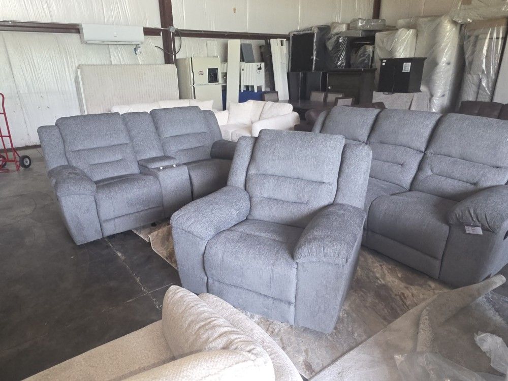 Why Buy Used??? Brand New Meese Grey 3pc Rocker Reclining Oversized Living Room Set (Loveseat seats rock 😲)