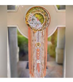 Handmade Pink Tan Gold Silk Woven Crystal Bead Dreamcatcher Macrame Wall Hanging