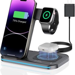 3 in 1 Charging Station Wireless Charger lPhone Foldable Charging Stand for Multiple Devices with Quick Charger for lPhone 16/15/14/13 Pro Max Watch A