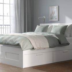BRIMNES Bed Frame with Storage & Headboard, White, King & mattress 