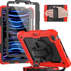 Timecity Heavy Duty Protective Case For IPad Pro 11 Inch, Screen Protector, Swivel Stand, Hand/Shoulder Strap, Pencil Holder - Red