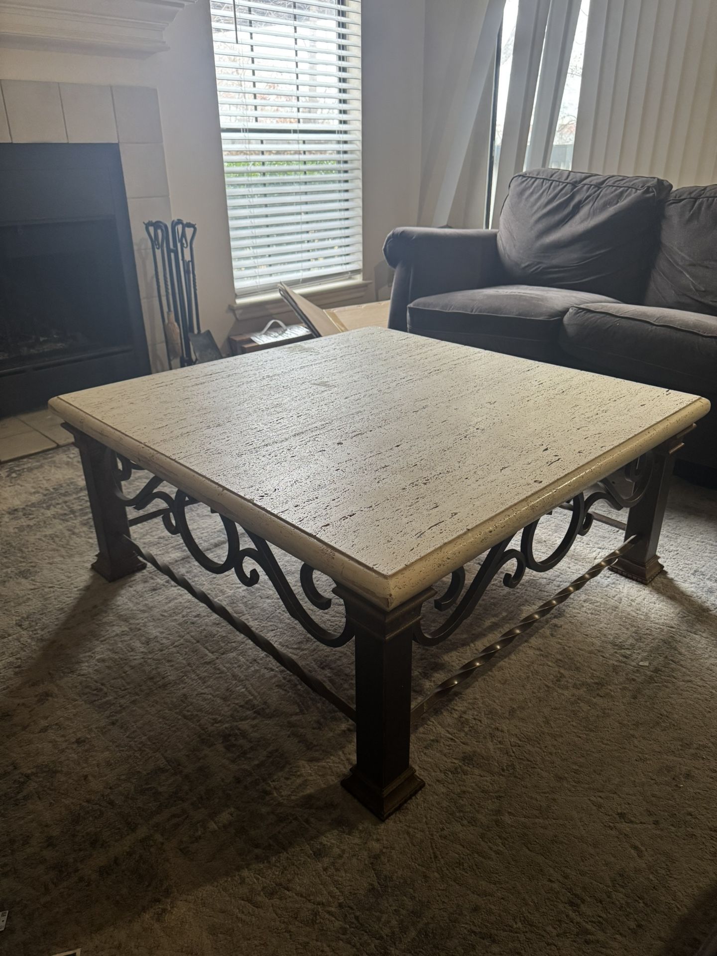 Koralith Collection Square Travertine-Style Coffee Table with Iron Base – Very Heavy