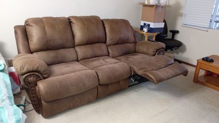 Brown Microfiber Reclining Sofa with Nailhead Trim  - Klausner