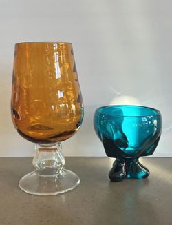 MCM Viking Glass Teal Blue Bluenique 1960s Bowl Plus Amber Pedestal Vase
