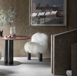 Designer White Fur Vanity / Bedroom Accent Chair w/ Black Cylinder Legs Inspired by Botolo Armchair by Cini Boeri  [NEW] <No Assembly Req>