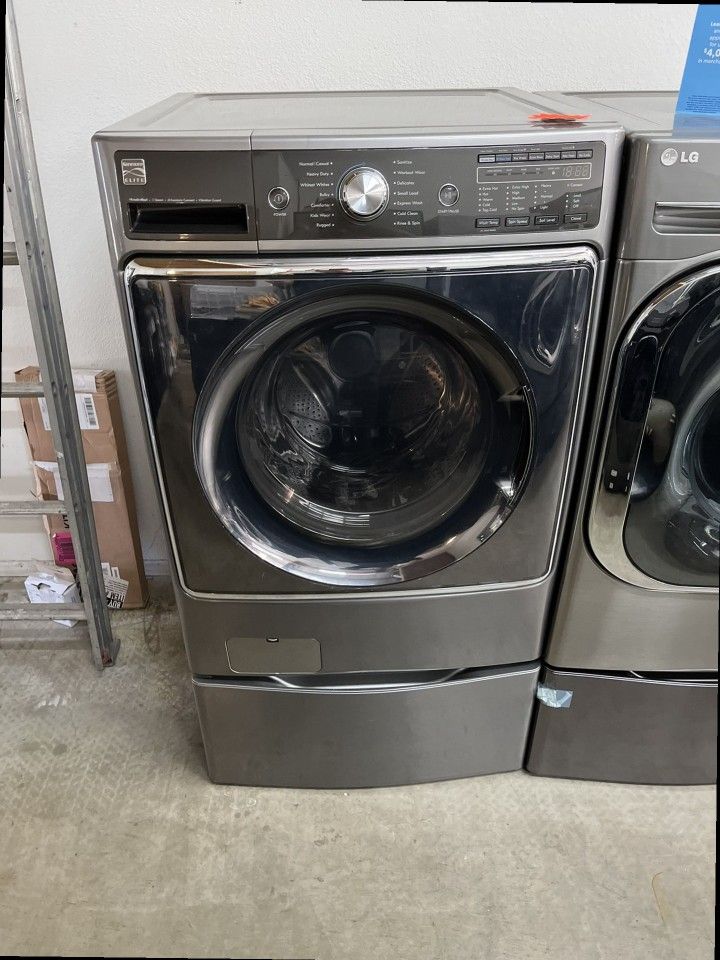 grey kenmore front load washer with pedestal 5.2 cu feet