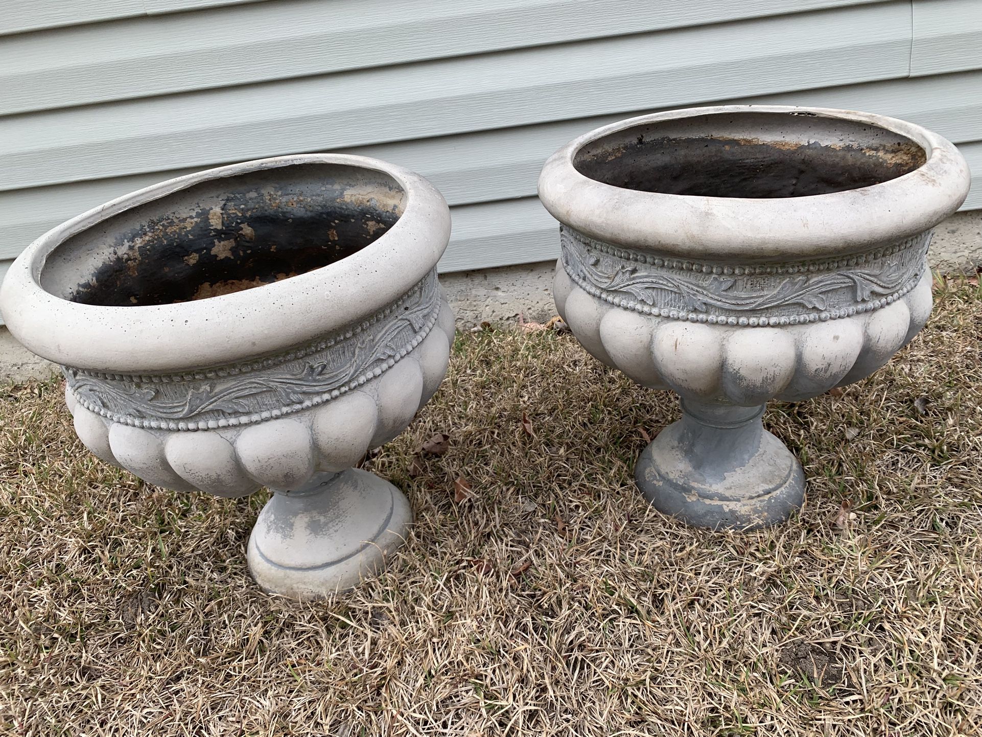 2 Large Thick/ Heavy Fiberglass Flower Pots/ Urns On Pedestals, Can Be Left Out Over Winter, Large Drain Hole