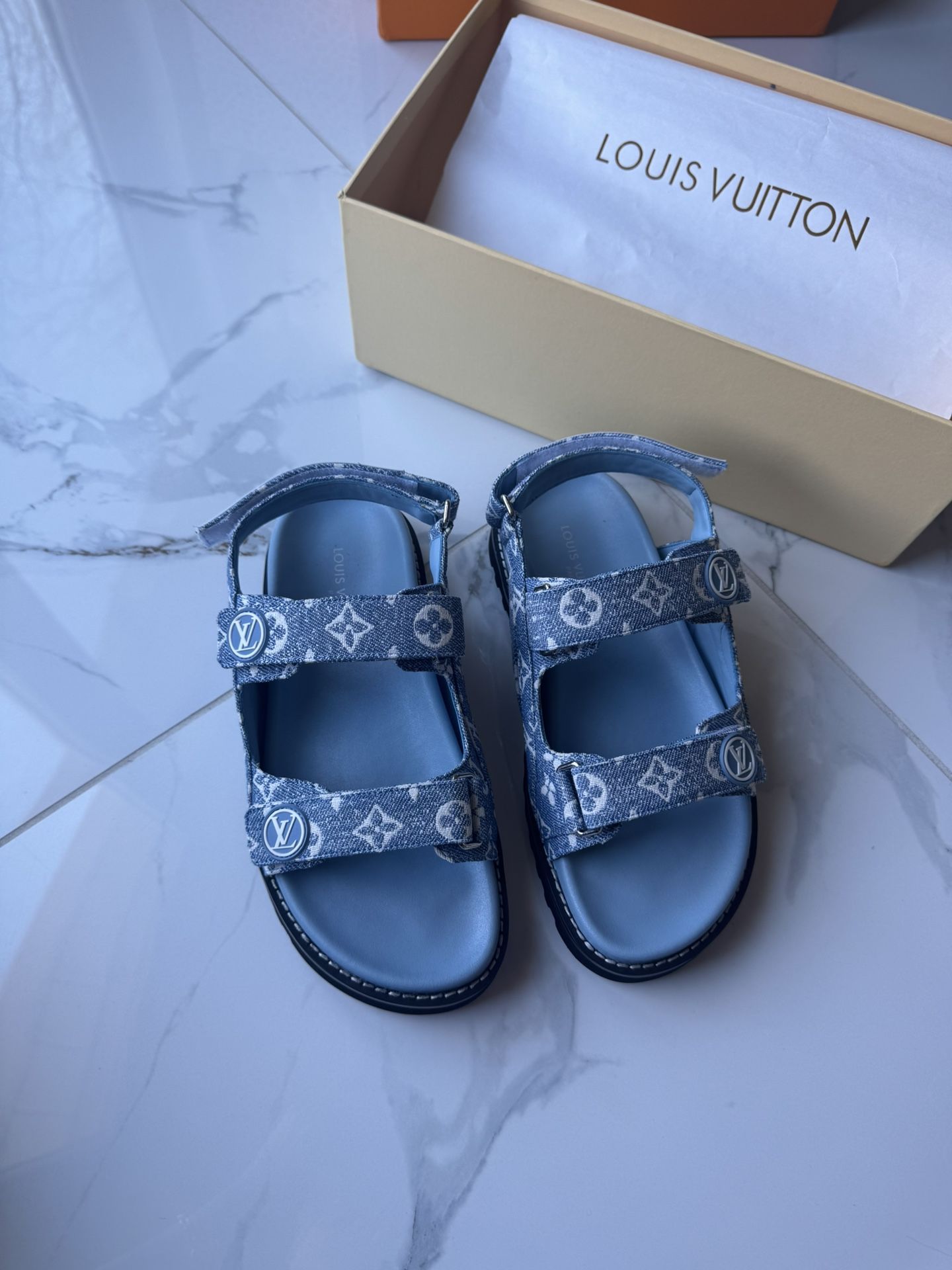 LOUIS VUITTON Denim Paseo Flat Comfort Sandals- Size 8