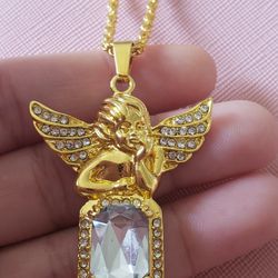 Inlaid Angel Gold Plated Pendant With Crystals ...22 Inches Long Necklace 