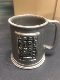 Antique English Childs Pewter Alphabet Cup Metal Mug Baby Shower Gift and Nursery Decor