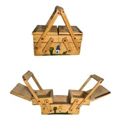 Vtg Wood Fold-Out Sewing Box Hand Painted Mexico Double Handle Small 2 Tier
