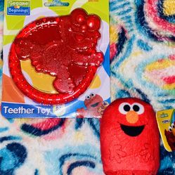 2 SET/ 0-18 Mths Sesame St Elmo Designed Baby Teether Toy & Plush Elmo Podpals Toy 