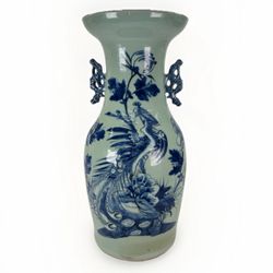 Large Chinese Blue Celadon Porcelain Vase Qing Dynasty Phoenix Bird 19th Century