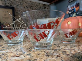 Vintage MCM Mod 1970s Chip & Dip bowl set with red lettering made by Wheaton super retro party set