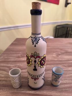 Hand Painted Mexican Bottle plus Shot Glasses