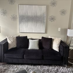 Couch, Dining Room Table, Lamps, Pictures Fireplace