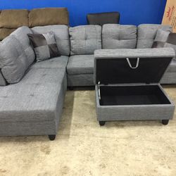 Grey Blue Linen Sectional Couch And Ottoman 