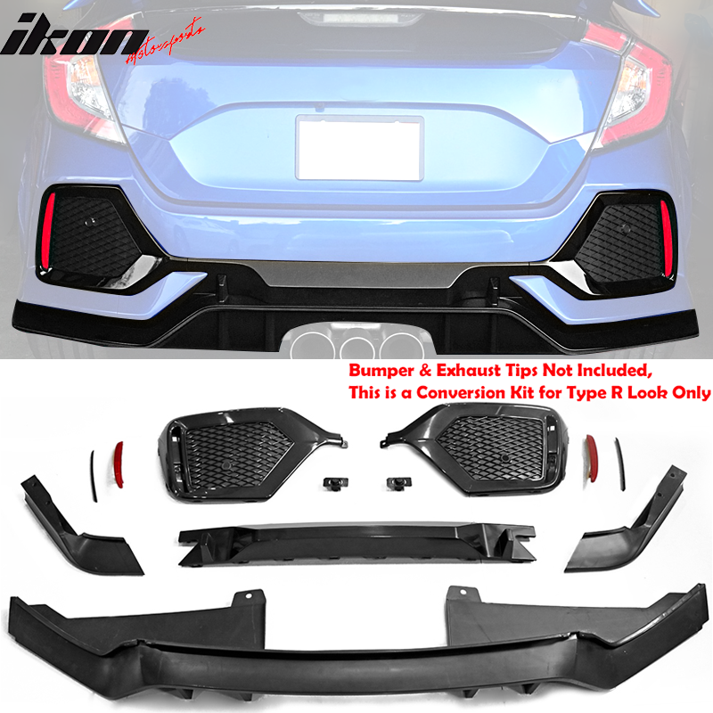 Fits 2017-2021 Honda Civic Hatchback Type R Rear Bumper Garnish Conversion Kit - PP