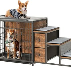 Dog Crate Furniture, 53.1" Wooden Dog Kennel with Storage Drawers and Pull-Out Tray, Dog Window Perch with Steps and Bed, Heavy Duty Dog Cage for Smal