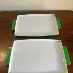 Pair of green & white melamine Olympian plastic serving trays