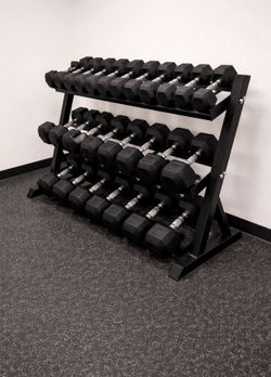CAP Branded Rubber Hex Dumbbells 5-75 lbs Set with Commercial Grade Heavy Rack