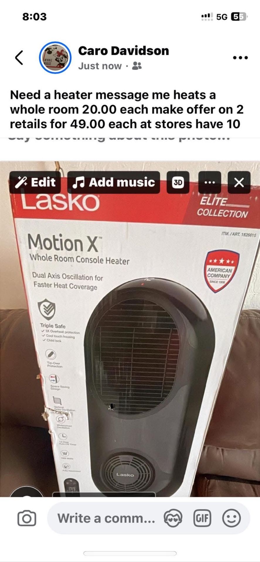 Lasko Heaters 15.00 Each Have 5 Of Them New