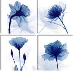 Pyradecor Large Blue Flickering Flower Modern Abstract Paintings Canvas Wall Art Gallery Wrapped Grace Floral Pictures on Canvas Prints 4 Panels Artwo