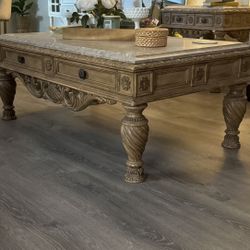 Tuscan Solid Wood Living Room Set with Real Marble Tops – Coffee Table, 2 Side Tables, TV Stand