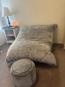 Large Gray Faux Fur Bean Bag with Ottoman
