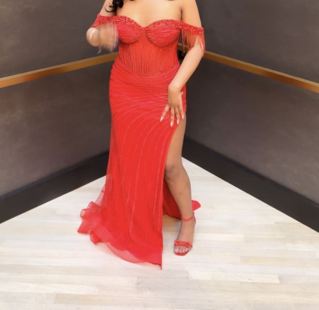 Beaded Off Shoulder Tulle Slit Gown by Ladivine CD848