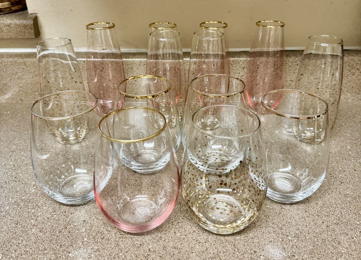 Decorative Wine & Water Glasses - Party/Blush  Pink, Clear & Gold
