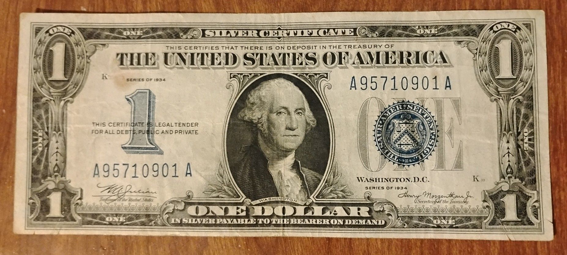 1934 USA America Silver Certificate Funny Back $1 Dollar Bill Banknote Currency