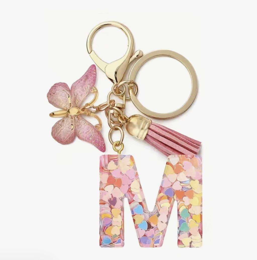 Initial pink Letter M Butterfly Keychain