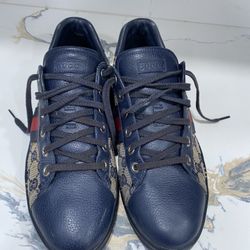 Gucci Beige Guccisima Canvas and Blue Leather Web Detail Sneakers