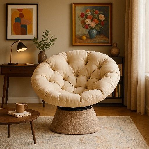 Chair with Soft Thick Cushion and Sturdy Steel Frame, 360 Degree Swivel Chair for Living Room, Bedroom, Reading Room, Patio, Outdoor, Beige