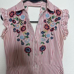 XS Vintage Zara Embroidered A Line Dress Pink And white stripes 