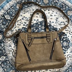 Maurice’s Tan Taupe Faux Suede Large Handle Shoulder Crossbody Bag Gold Hardware