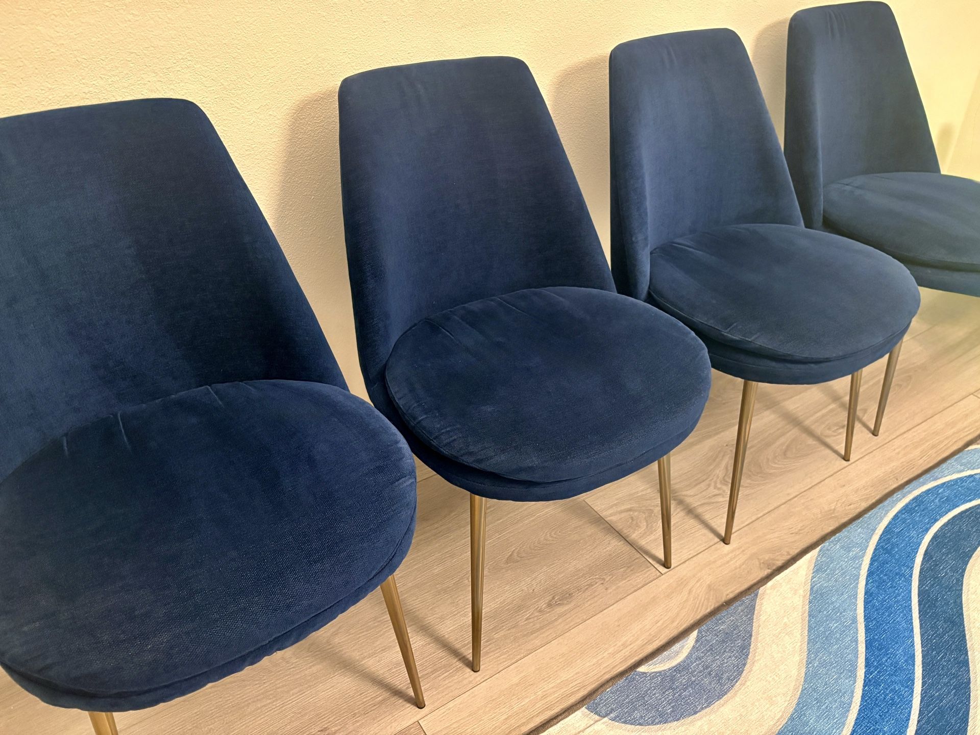 Set of 4 — West Elm Navy Velvet Mid-Century Chairs w/ Brass Legs