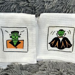NOS: Embroidered Vintage Halloween Towels Monsters!