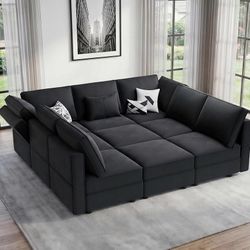 92" 9 Seats Modular Velvet Sectional Sleeper Sofa with Storage, Black